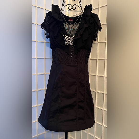 2B BEBE SS Pleated Waist Ruffle Poplin Dress Black NWT - Picture 2 of 11